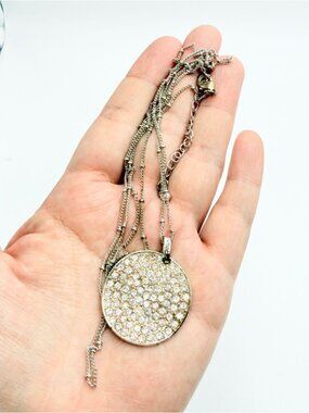 Gold Tone Crystal Pavé Disc Pendant Necklace Silver Chain Adjustable